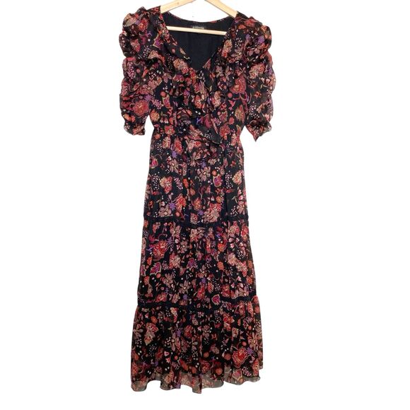 Antheaa Womens Medium Floral Midi Dress Ruffle Sleeve Tiered Pleated Puff Sleeve - Picture 3 of 13